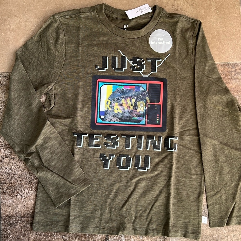 NWT GAP Kids Interactive Hologram Long Sleeve Dinosaur Shirt - Army Green Color